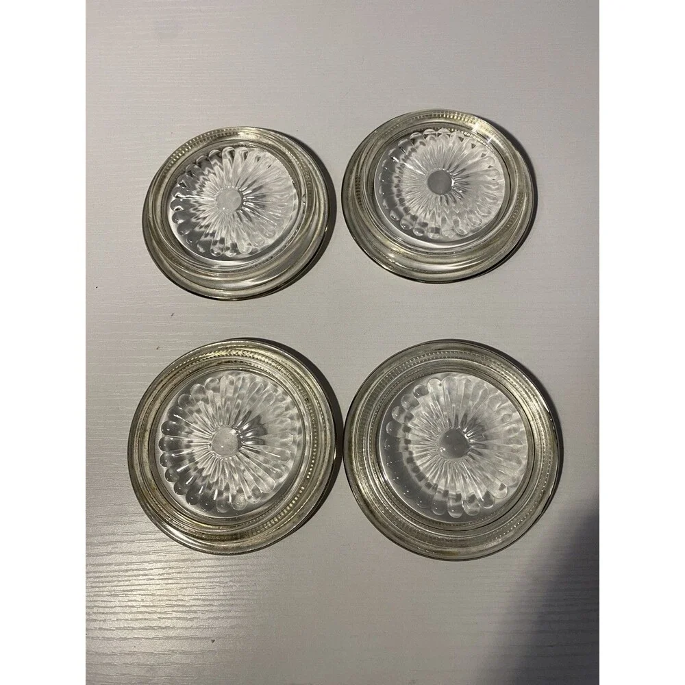 Set of 4 Vintage Silver Rim Glass Coasters Starburst Pattern MCM Italy